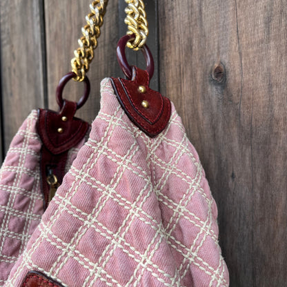 MARC JACOBS Banana Pink Denim Quilted Gold Chain Hobo Bag