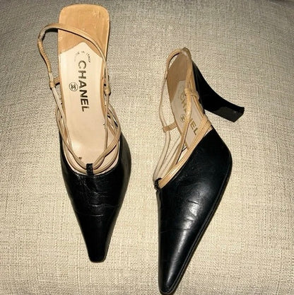 CHANEL CC Logo Beige Black Pointed Toe Slingback Pumps