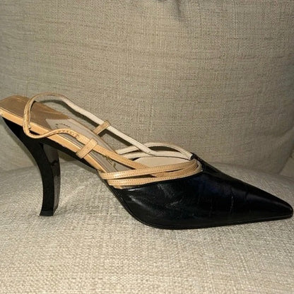 CHANEL CC Logo Beige Black Pointed Toe Slingback Pumps