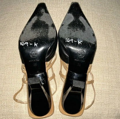 CHANEL CC Logo Beige Black Pointed Toe Slingback Pumps